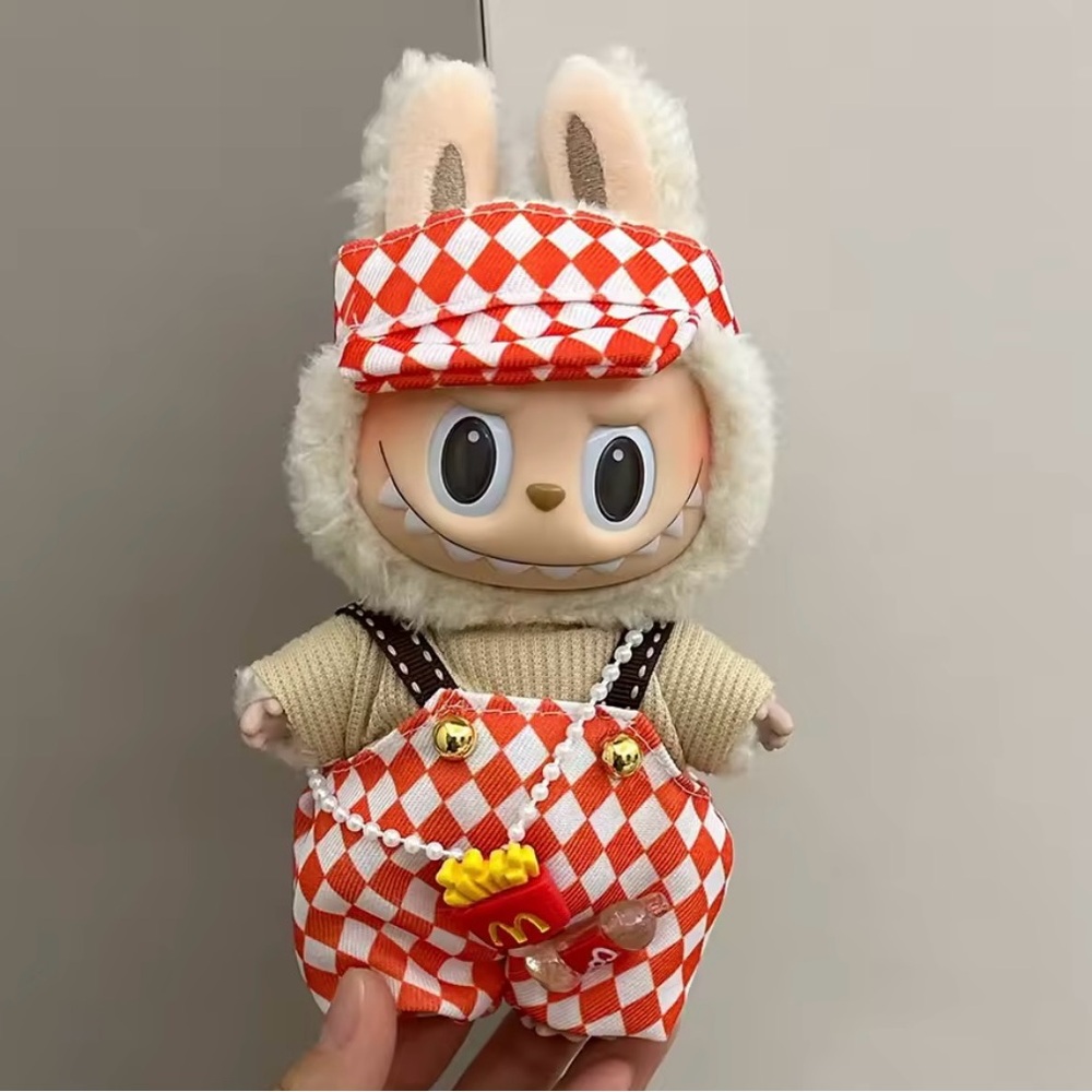 Labubu Outfit with Orange Checkered hat and overalls plus fries